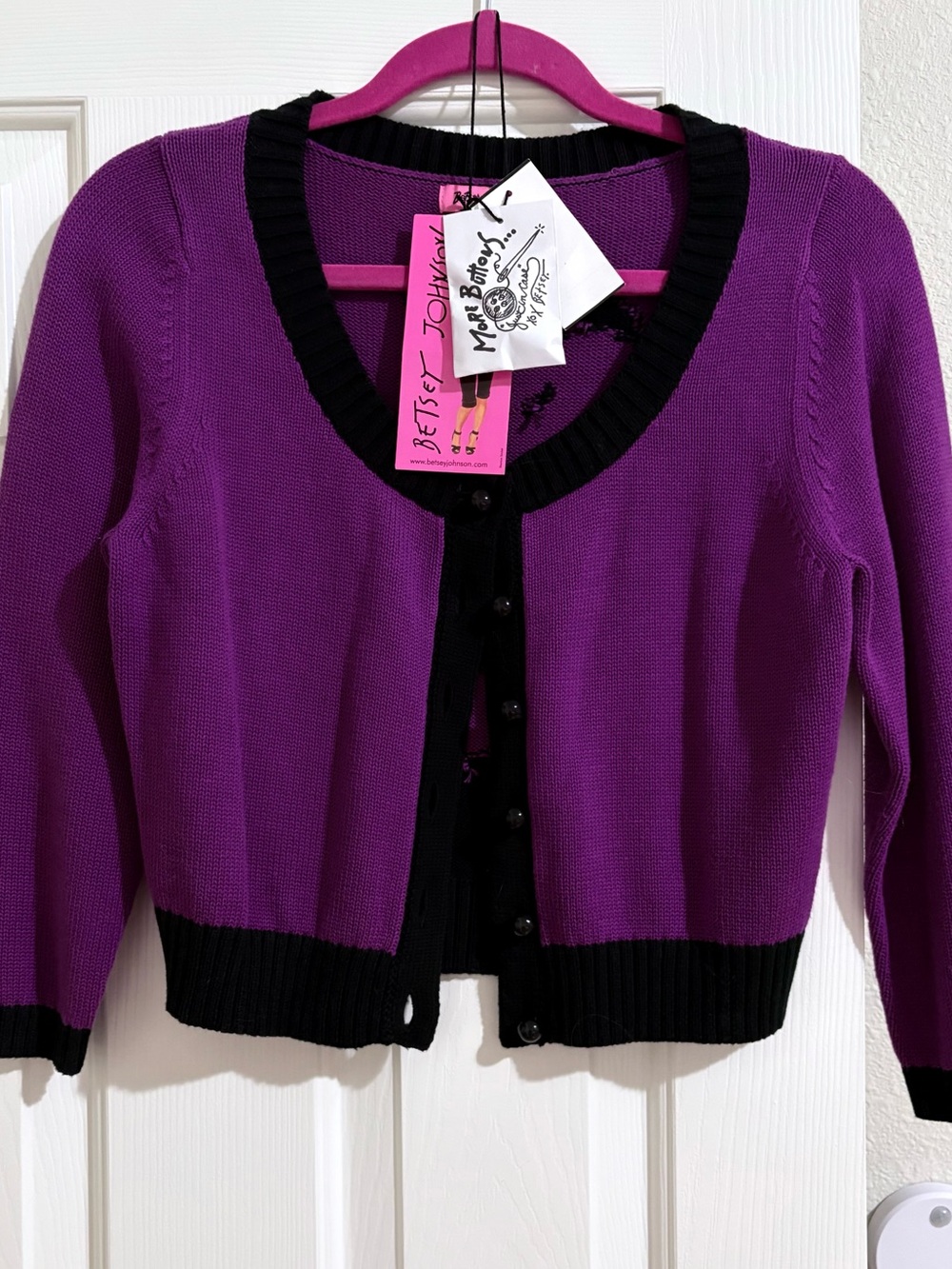 💜VINTAGE Betsey Johnson Purple and Black Marilyn Cotton Cardigan